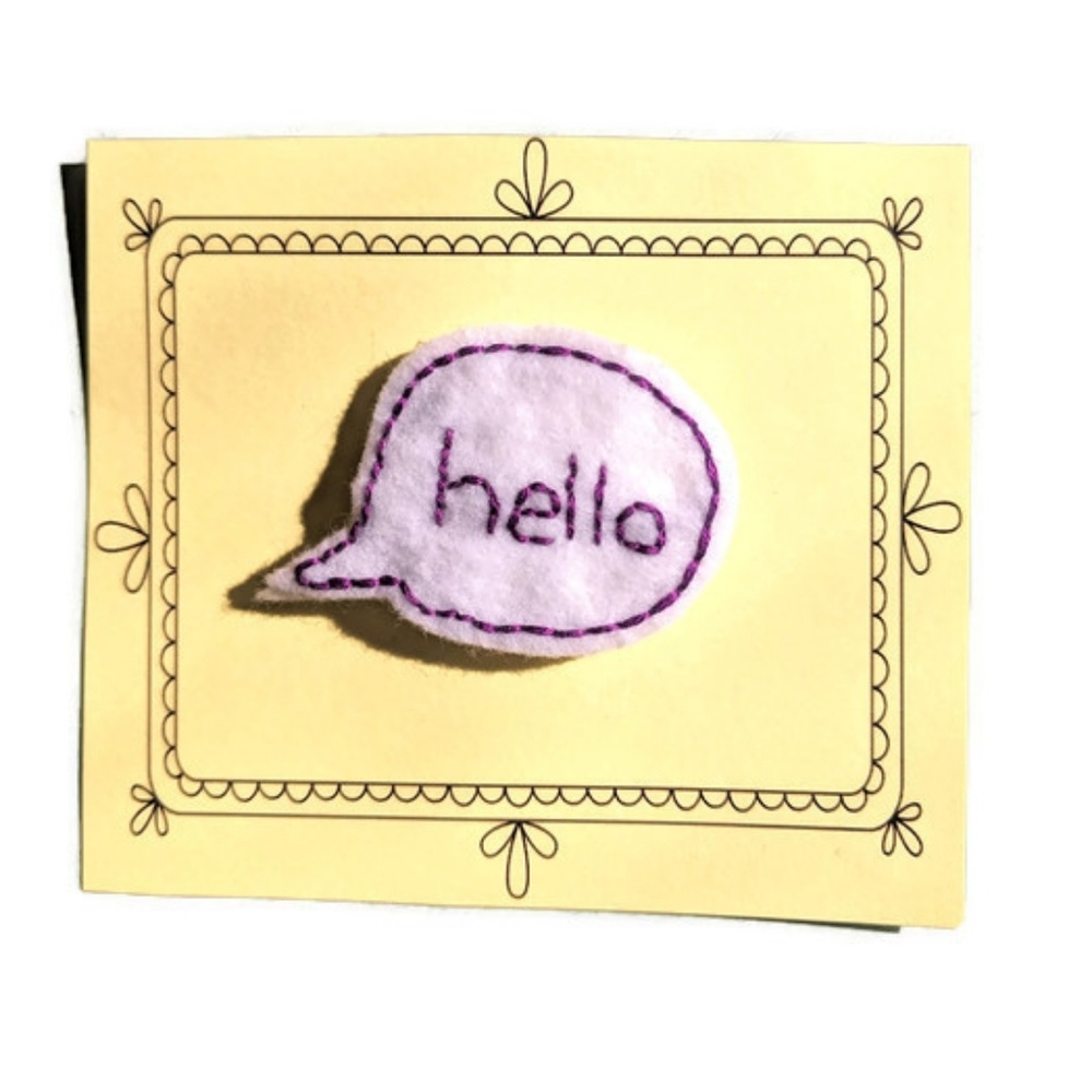 Handmade Hello Talking Bubble Felt Pin- Purple